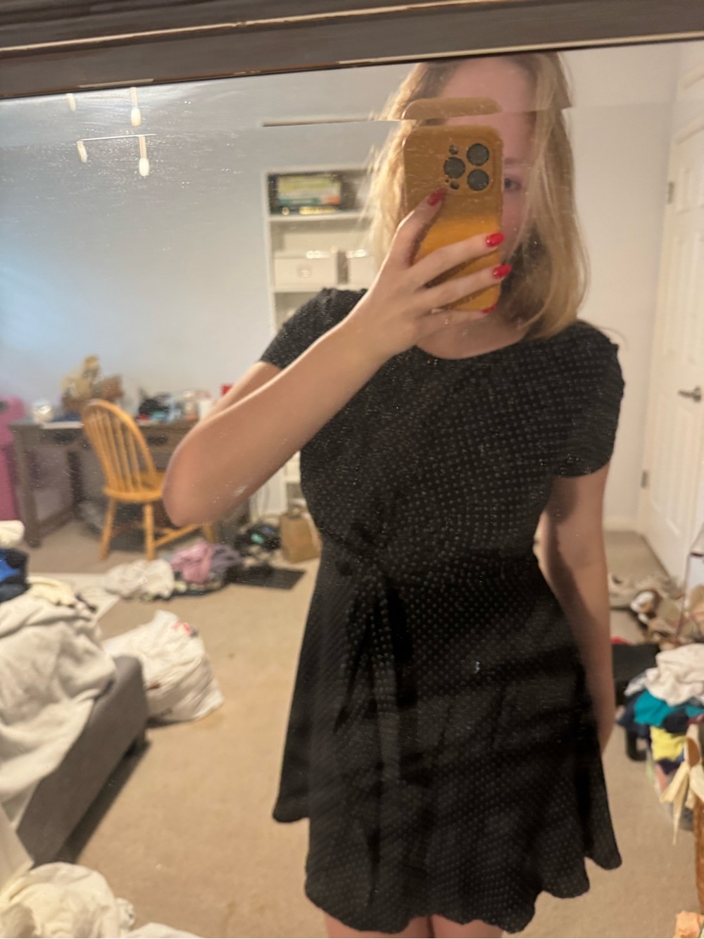 Black Short Sleeve Tie-Waist Polka Dot Dress